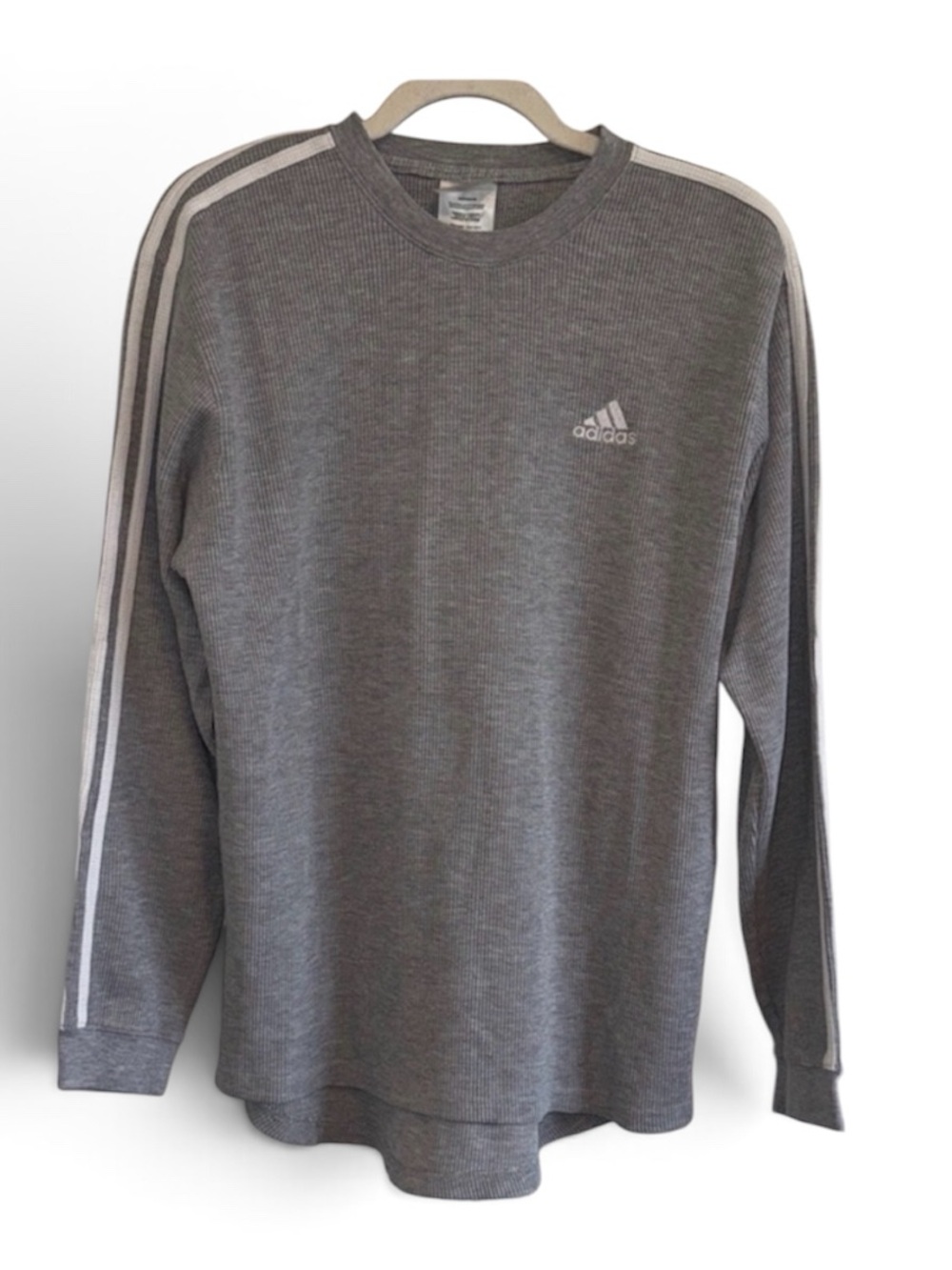 ADIDAS MENS SHIRT WAFFLE LONG SLEEVE THERMAL 3 STRIPES HEATHER GRAY LOGO MED